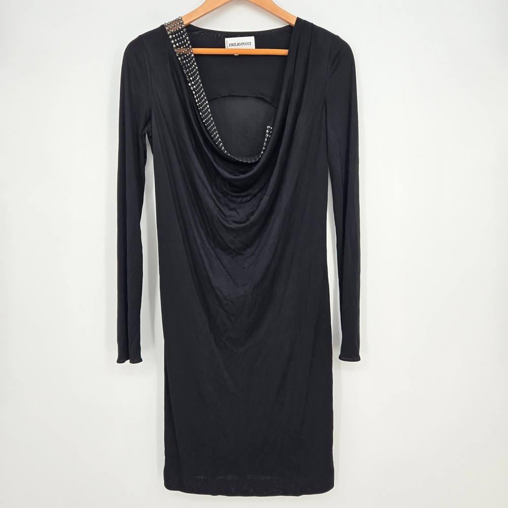 Emilio Pucci Embellished Cowl Neck Sheer Little Black Dress Womens 8 LBD Sexy